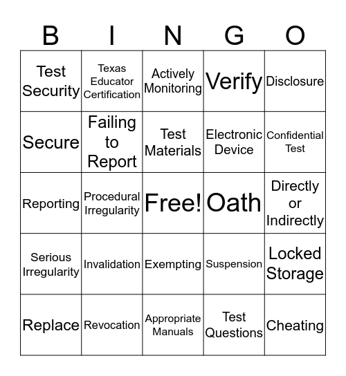 STAAR Bingo Card