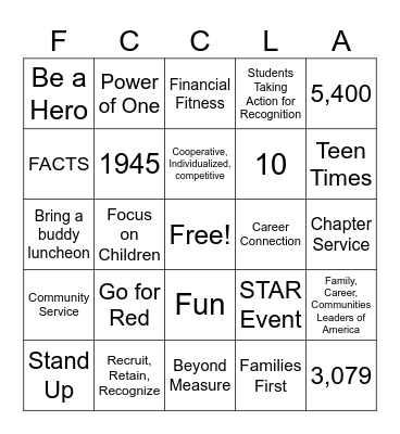FCCLA Step One Bingo Card