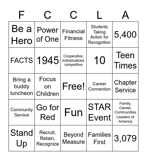 FCCLA Step One Bingo Card