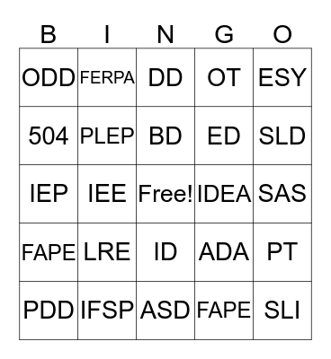 Special Education Lingo Bingo  Bingo Card