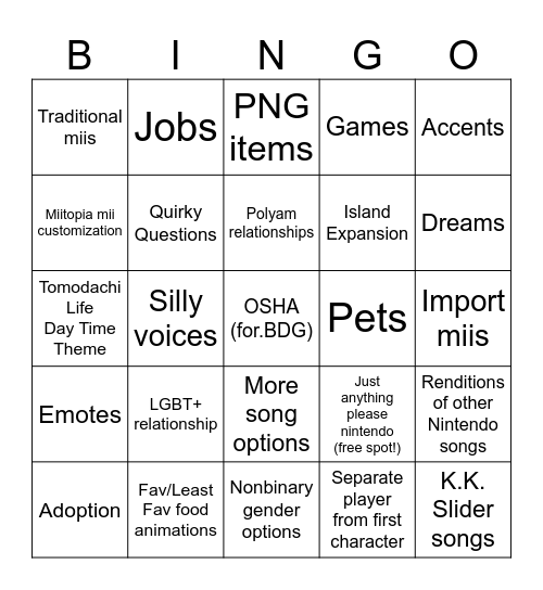 Tomodachi Wishlist Bingo Card