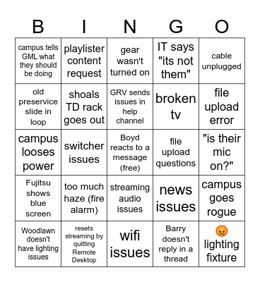 Sunday Slack Halp Channel Bingo Card