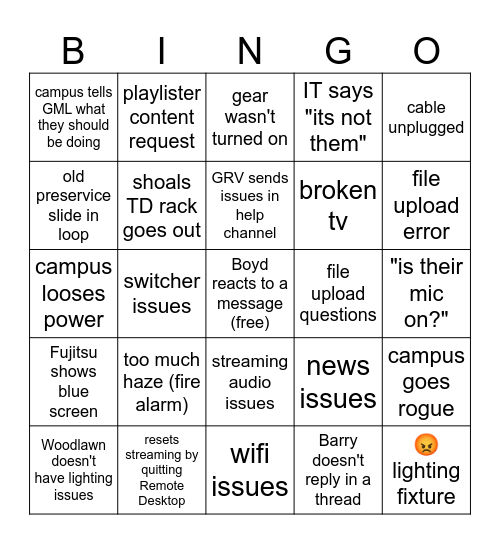 Sunday Slack Halp Channel Bingo Card