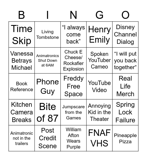 FNAF Movie Bingo Card