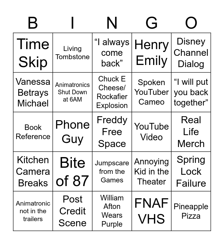 Filme FNaF Bingo Card