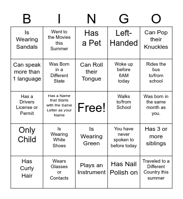 Get to Know Your Classmates Bingo Card