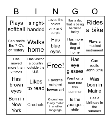 Sunday School Bingo Card