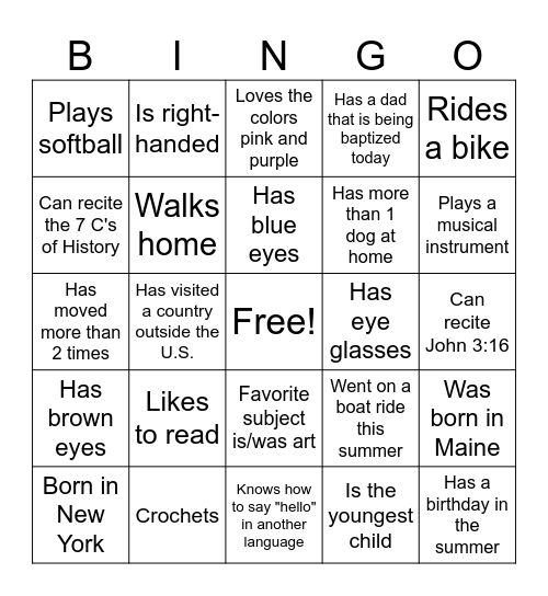 Sunday School Bingo Card