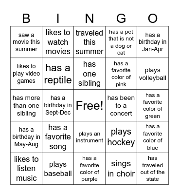 Beginning of Year BINGO Card