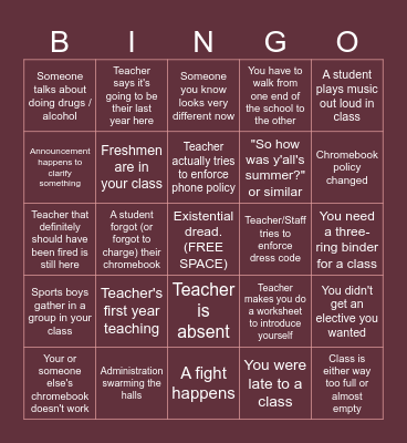 highschool first day of the year bingo Card