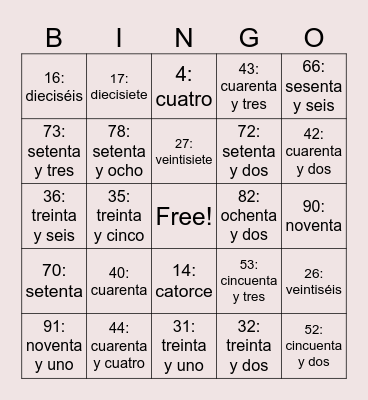Números Cardinales Bingo Card