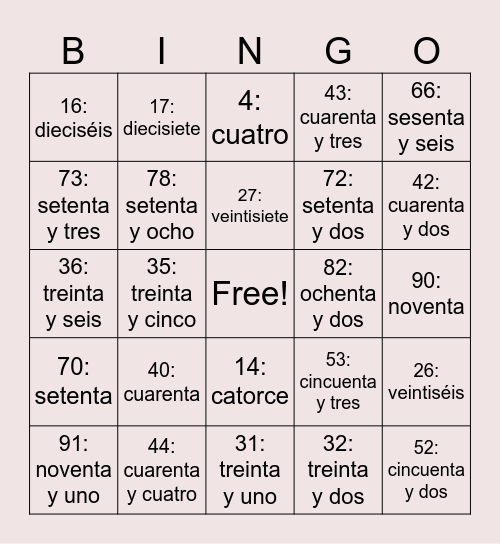 Números Cardinales Bingo Card