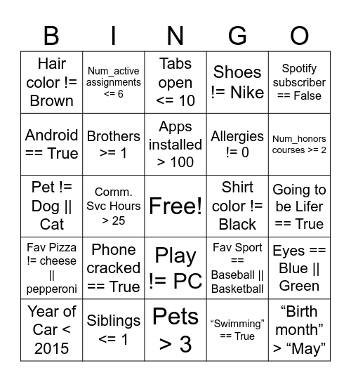 || ! && > = Boolean Bingo = < && ! || Bingo Card