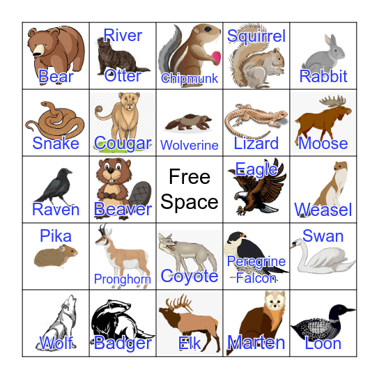 Yellowstone Animals Bingo Card