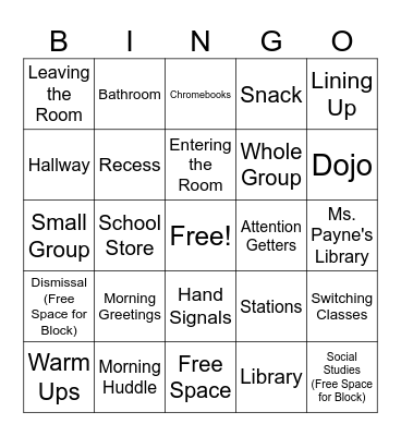 Classroom Expectations Bingo Card