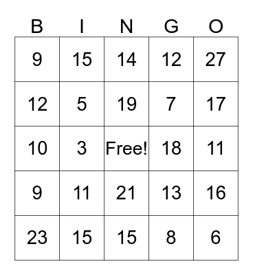 Kids Night at the Rec Bingo Card