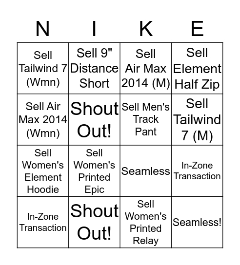 Nike Bingo Card