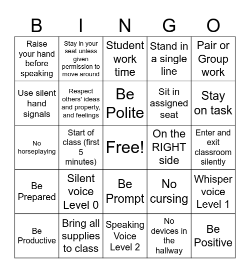 School-wide and Classroom Expectations BINGO Card