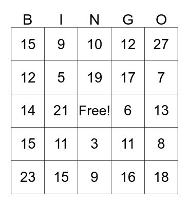 Kids Night at the Rec Bingo Card