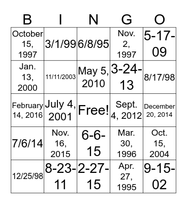 Calendar Bingo Card
