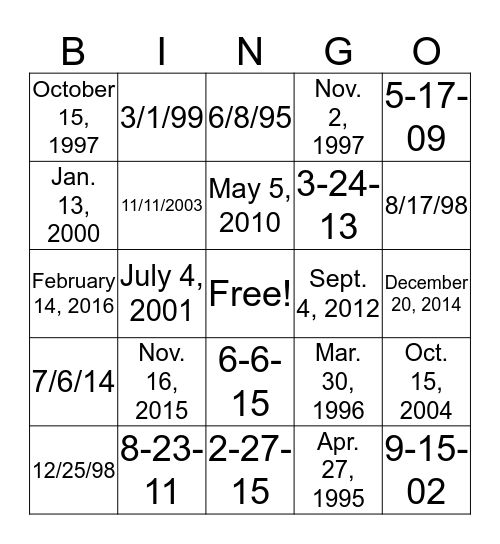 Calendar Bingo Card