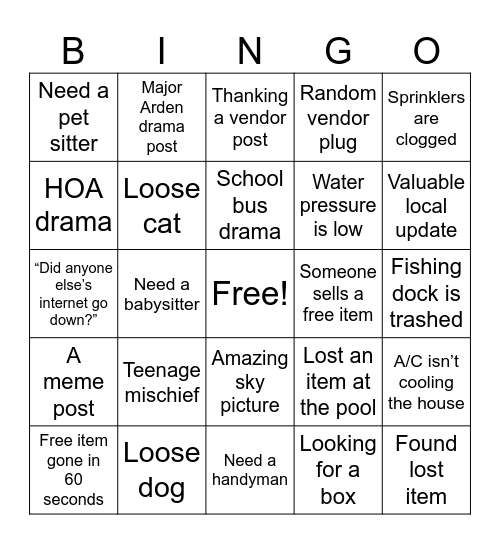 Daily Arden FB post topics Bingo Card