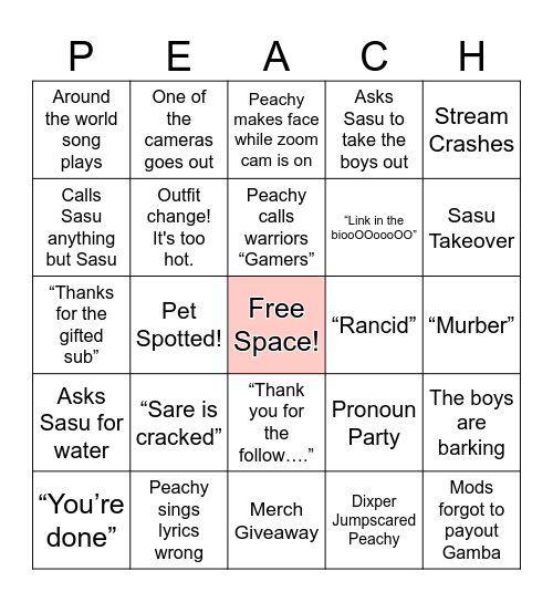 Peachy's 48 hour Stream Bingo Card