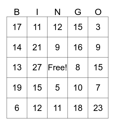 Kids Night at the Rec Bingo Card