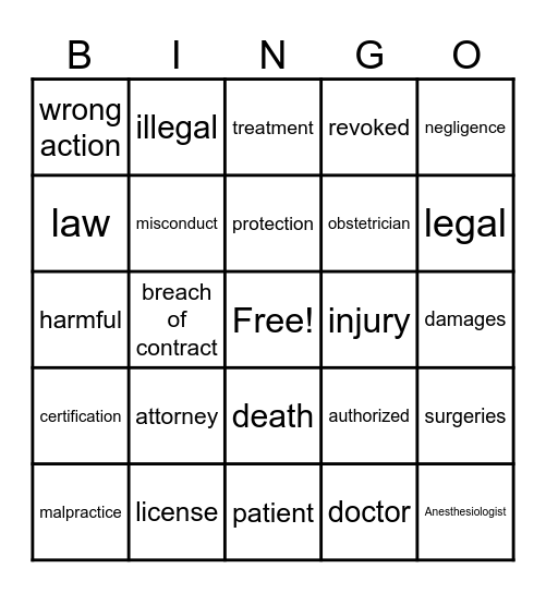 Medical Malpractice Bingo Card