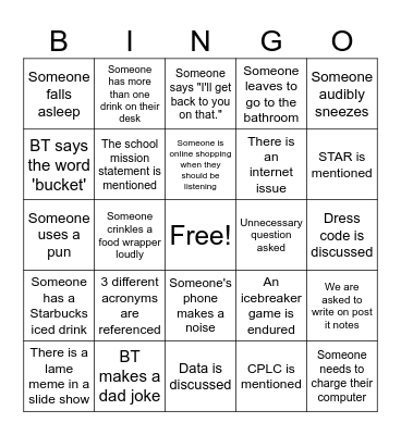 Staff Meeting Bingo Card