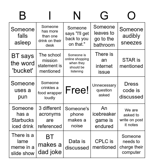 Staff Meeting Bingo Card