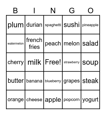 Food Bingo Card