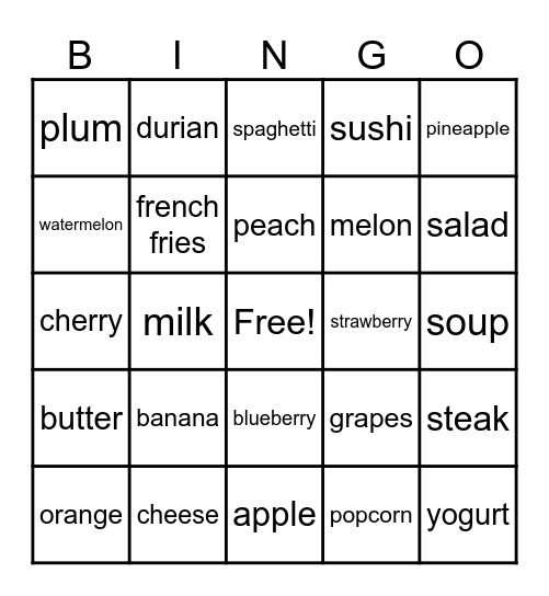 Food Bingo Card