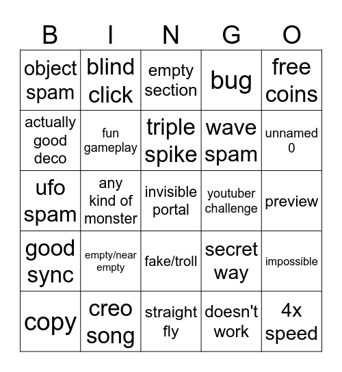 geometry dash recent tab bingo Card