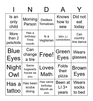 Relationship InDay Bingo Card