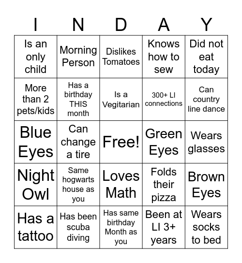 Relationship InDay Bingo Card