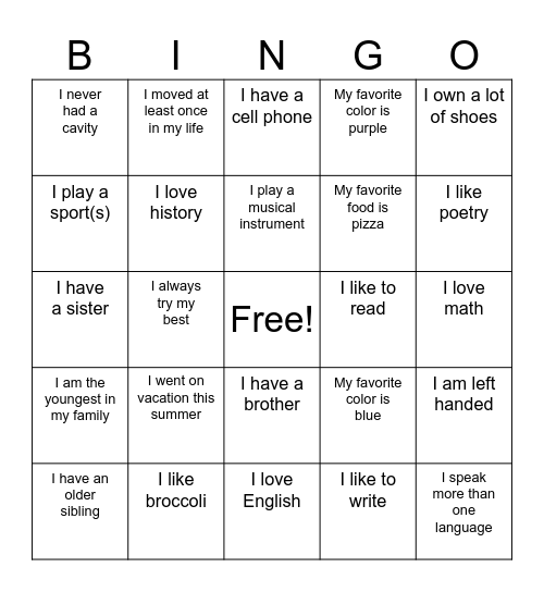 All About . . . You! Bingo Card