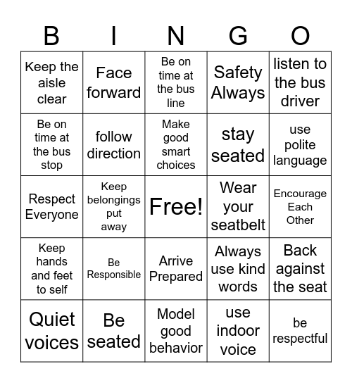 Bus Expectations Bingo Card