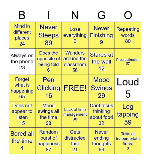 ADHD Bingo Card