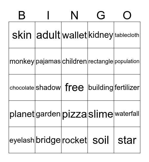 Nouns (person, place or thing) Bingo Card