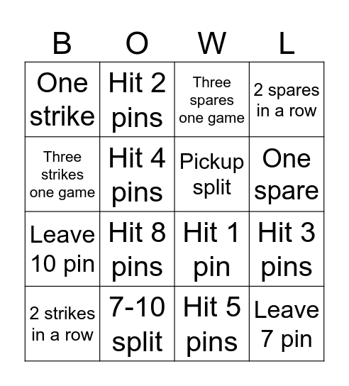 Bowling Challenge Bingo Card