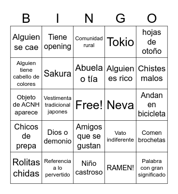 Romantic anime cliche Bingo Card