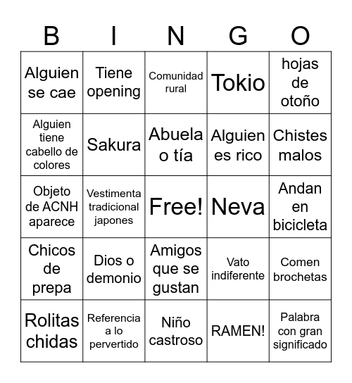 Romantic anime cliche Bingo Card