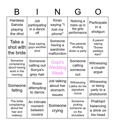 Gopi's Wedding Week Bingo Card
