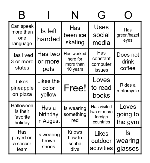 Getting to know you BINGO - Find Someone Who... Bingo Card