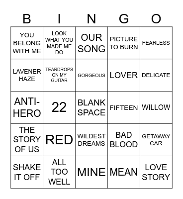 TAYLOR SWIFT SONGS Bingo Card