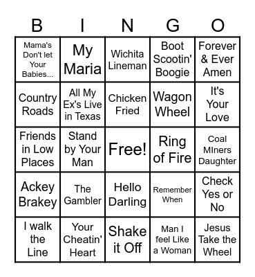 Country Music Bingo Card