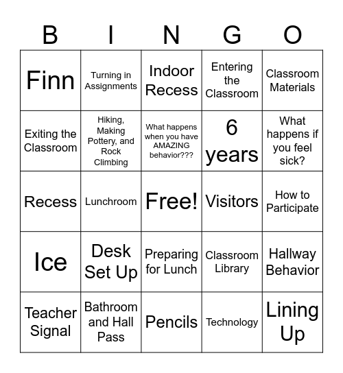 Back to School Bingo Card