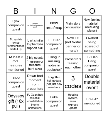 1.3 Livestream Bingo Card