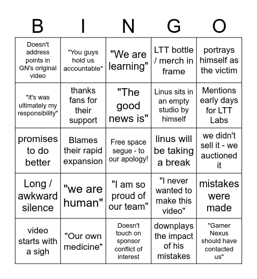 Linus Apology Bingo Card